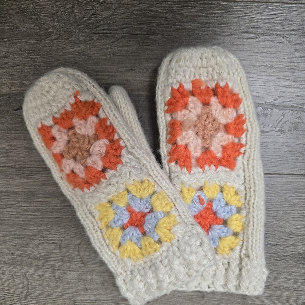 Granny Square Crochet Mittens Outdoor Eclectic Boho Fun OS